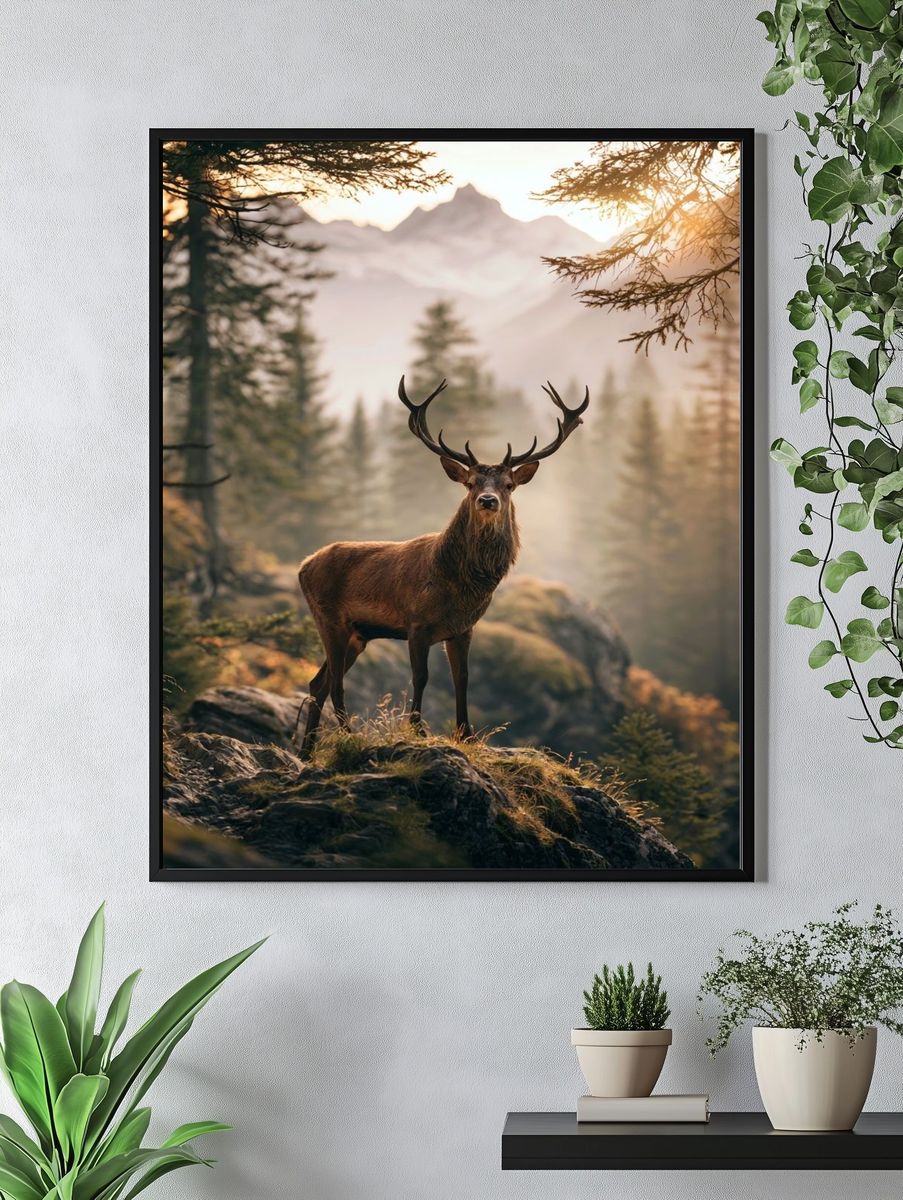 Majestic Stag in Misty Forest Poster. — room view 4