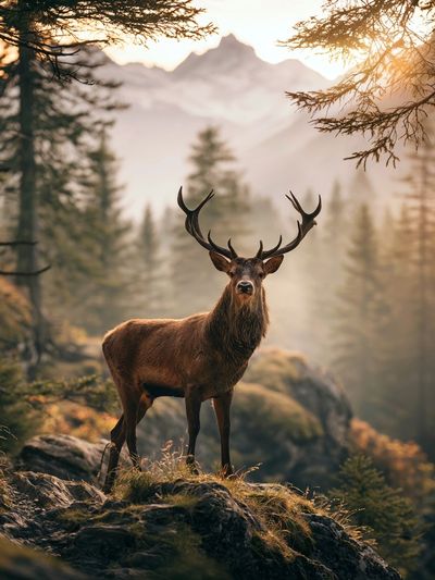 Majestic Stag in Misty Forest Poster.