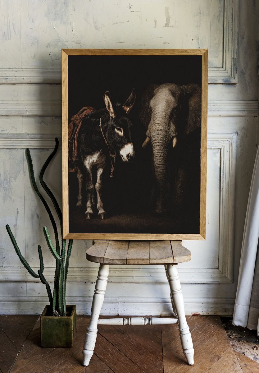 Donkey and Elephant Portrait Print. — room view 1