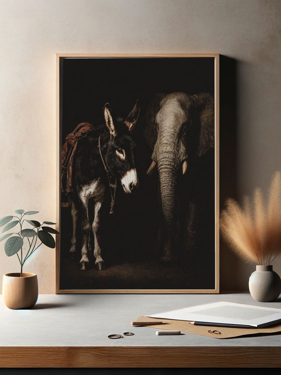 Donkey and Elephant Portrait Print. — room view 2