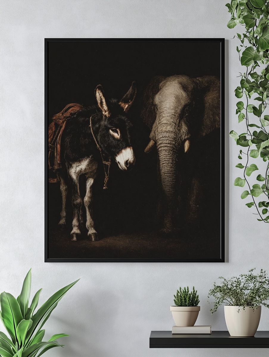 Donkey and Elephant Portrait Print. — room view 4