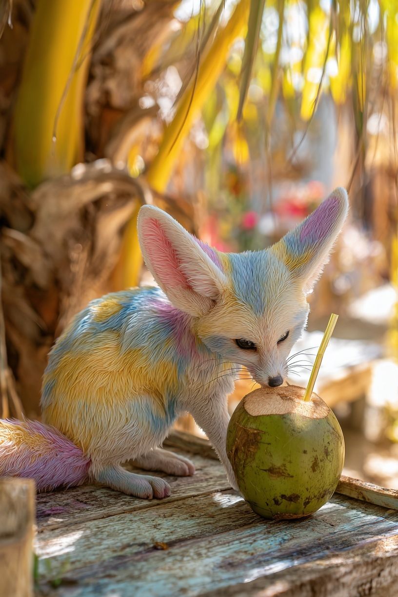 Colorful Fennec Fox with Coconut — Animal Print. poster — animals art