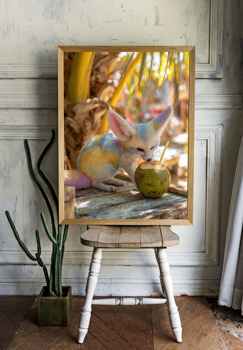 Colorful Fennec Fox with Coconut — Animal Print. — room view 1