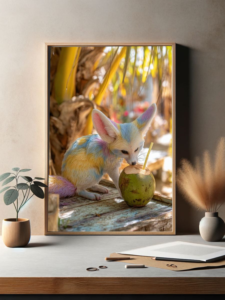 Colorful Fennec Fox with Coconut — Animal Print. — room view 2