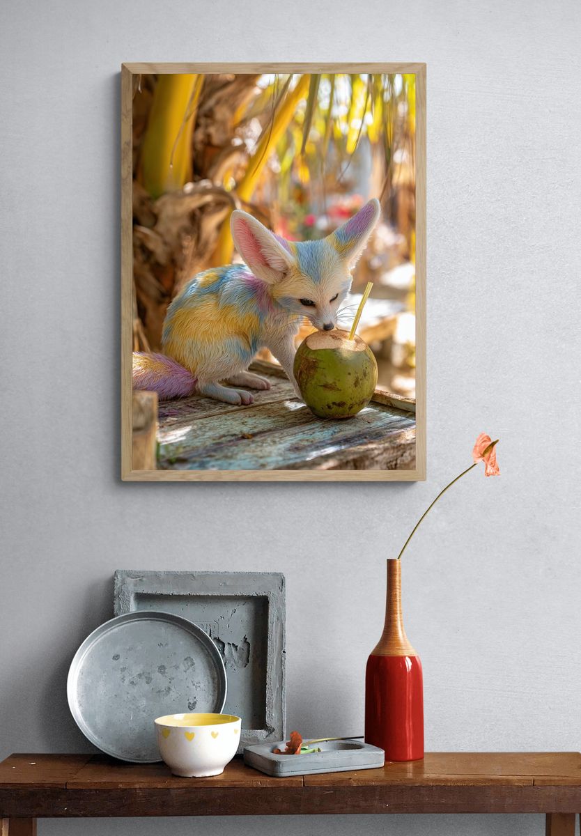 Colorful Fennec Fox with Coconut — Animal Print. — room view 3