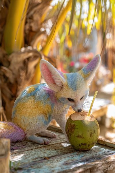 Colorful Fennec Fox with Coconut — Animal Print. poster print