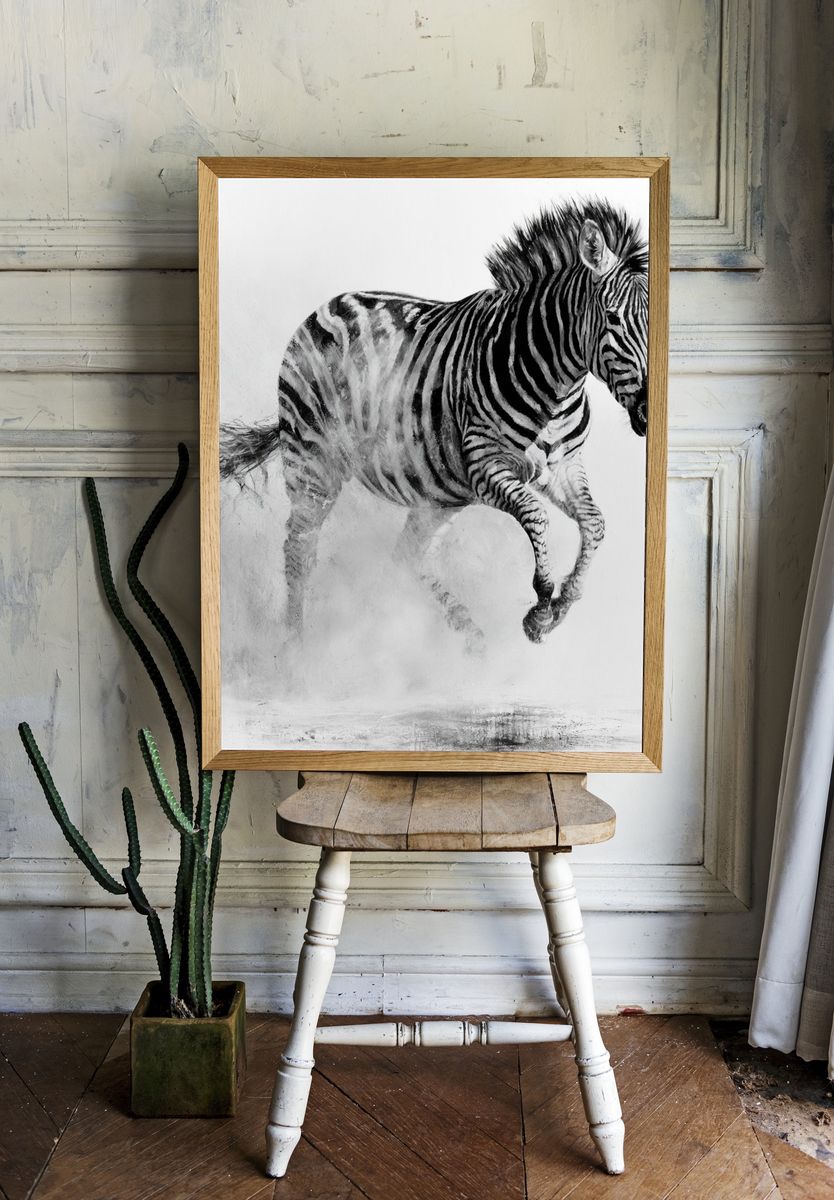 Running Zebra Black-White Poster. room preview