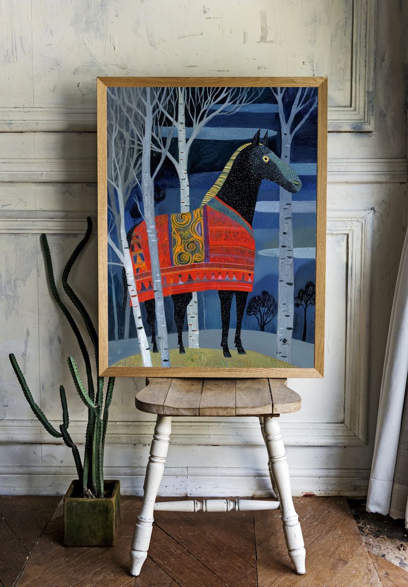 Decorative Horse in Birch Forest Print. room preview