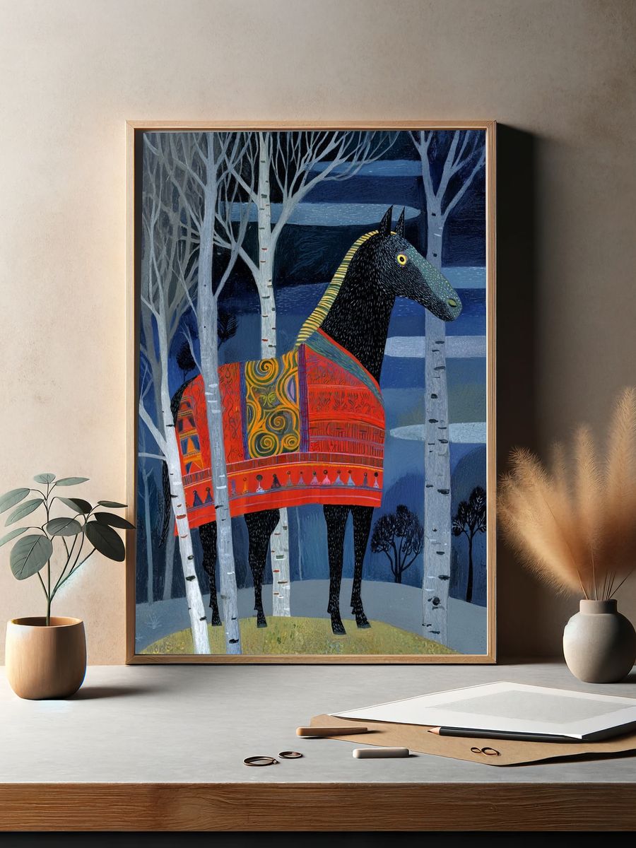 Decorative Horse in Birch Forest Print. — room view 2