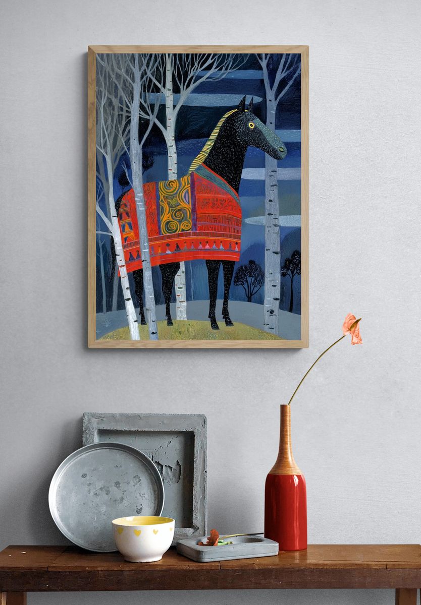 Decorative Horse in Birch Forest Print. — room view 3