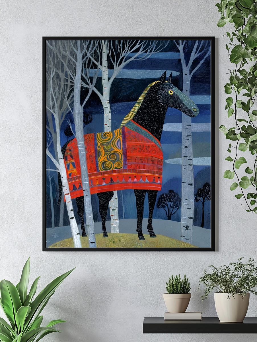 Decorative Horse in Birch Forest Print. — room view 4