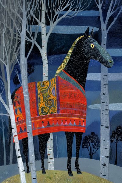 Decorative Horse in Birch Forest Print.