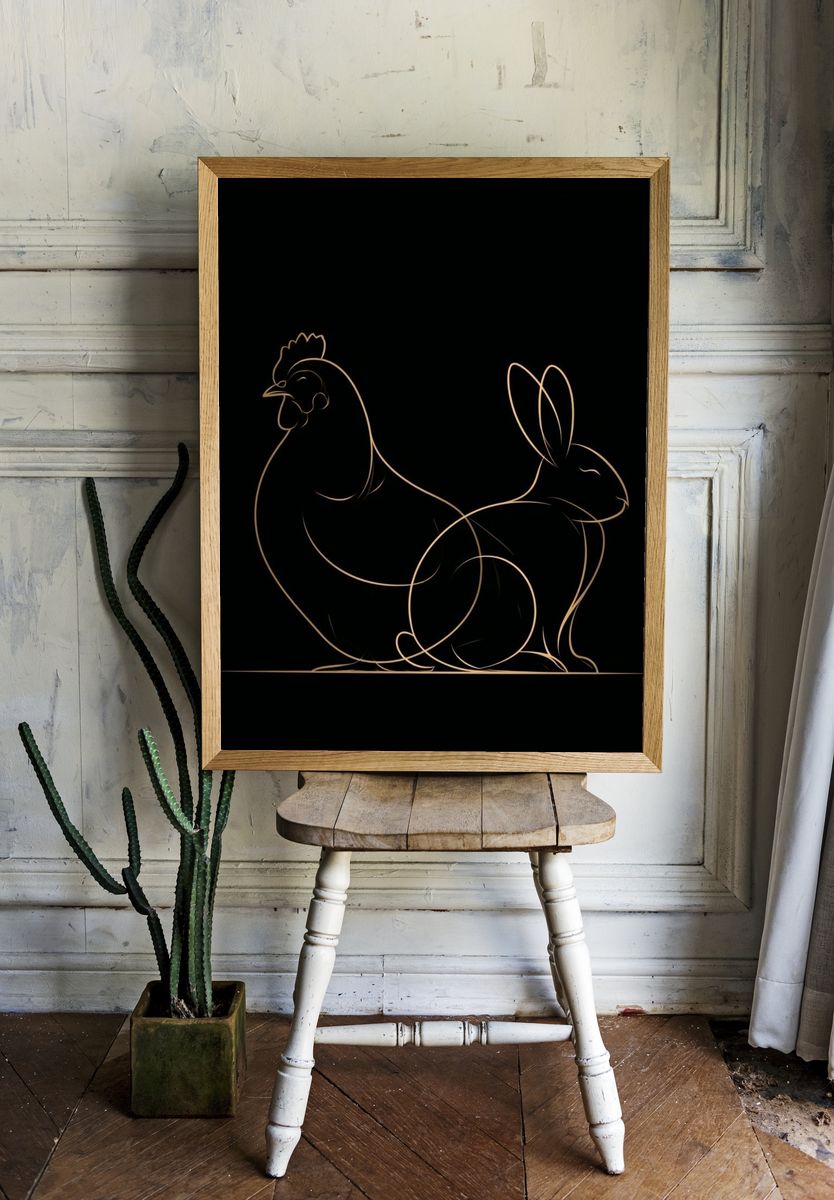 Chicken and Rabbit Line Art Poster. — room view 1