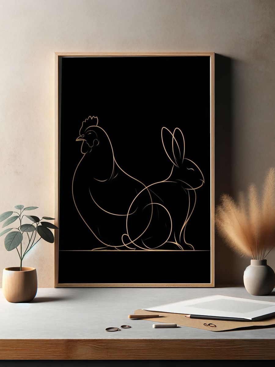 Chicken and Rabbit Line Art Poster. — room view 2