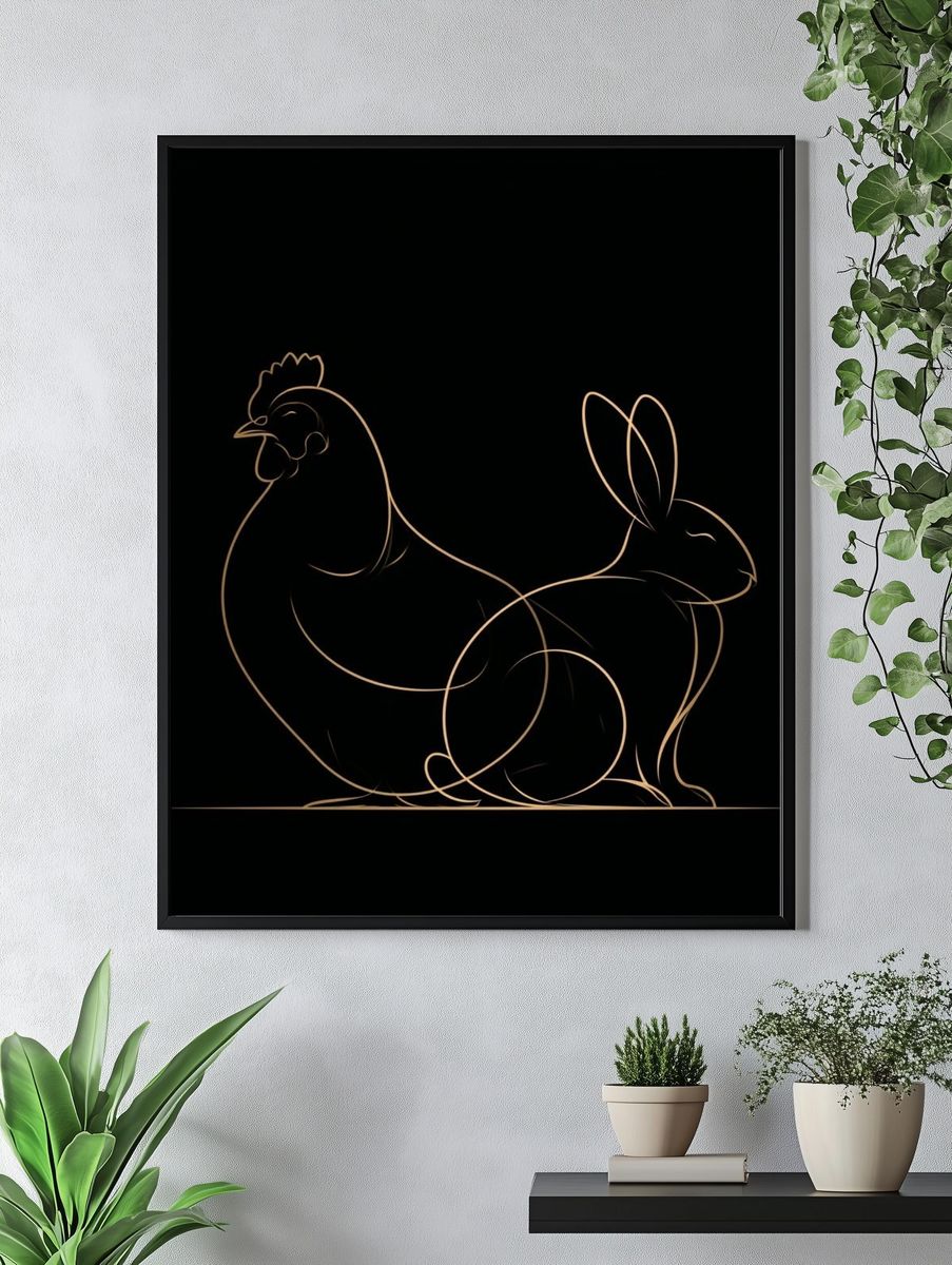 Chicken and Rabbit Line Art Poster. — room view 4