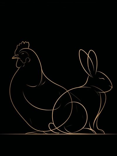 Chicken and Rabbit Line Art Poster.