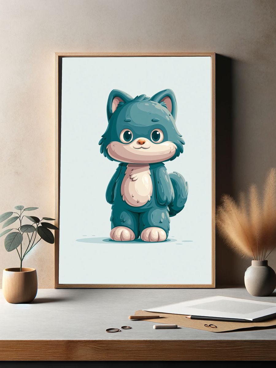 Cute Blue Fox Cub Illustration Poster. — room view 2