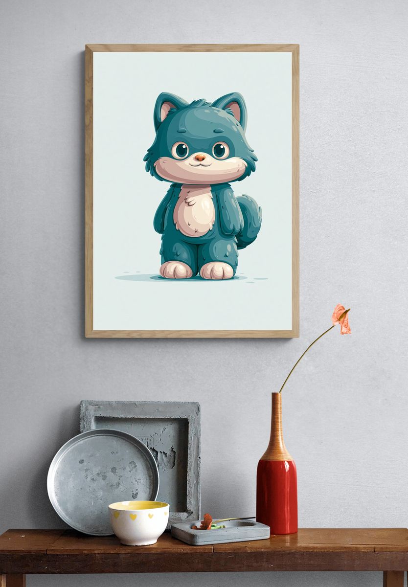 Cute Blue Fox Cub Illustration Poster. — room view 3