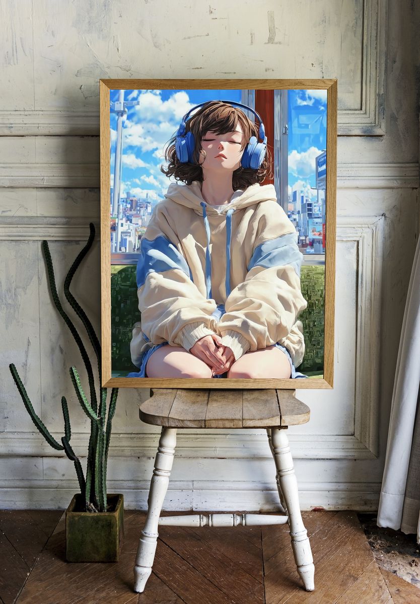 Girl with Headphones — Anime Print. — room view 1