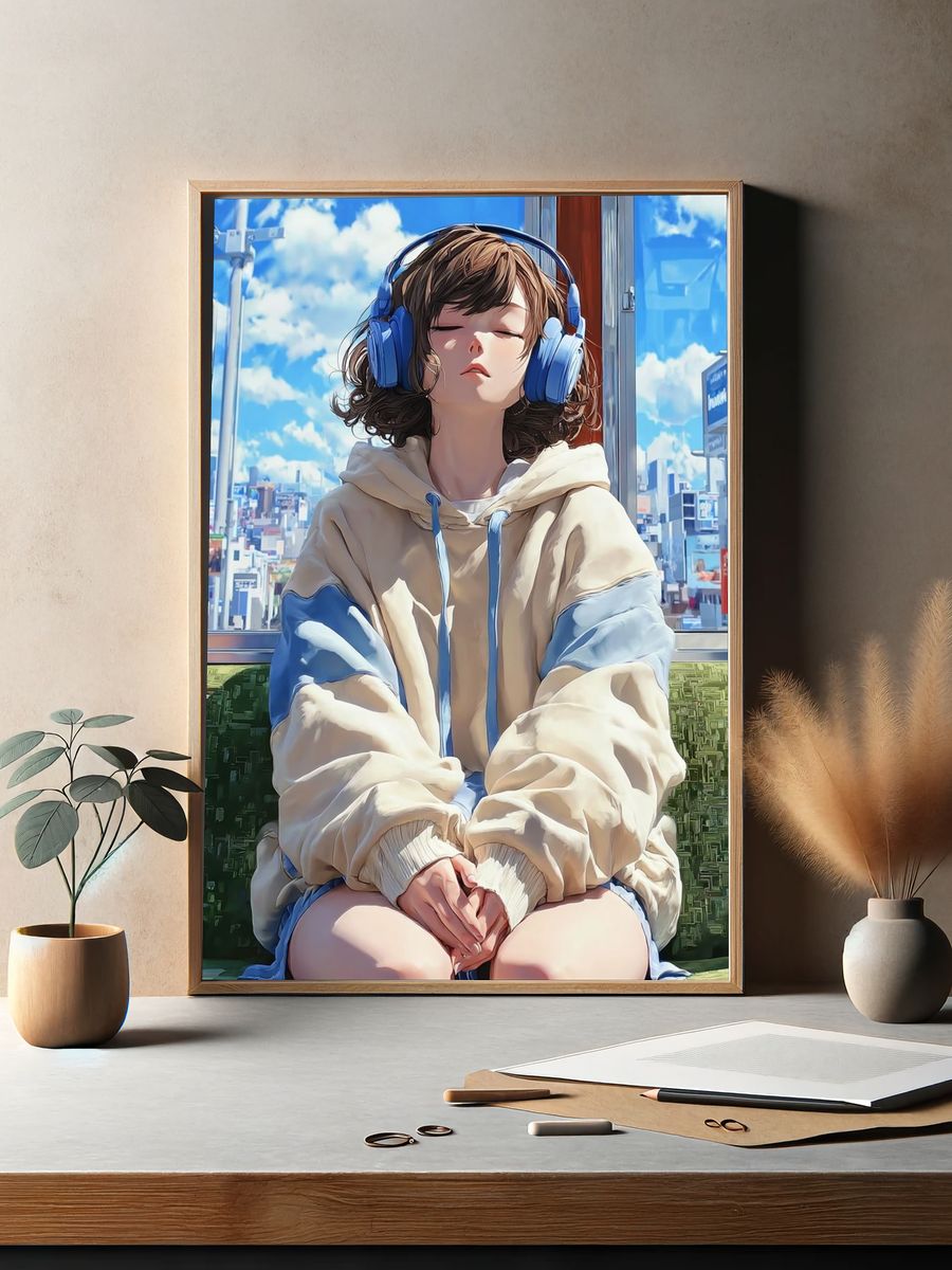 Girl with Headphones — Anime Print. — room view 2