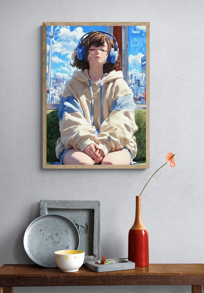 Girl with Headphones — Anime Print. — room view 3