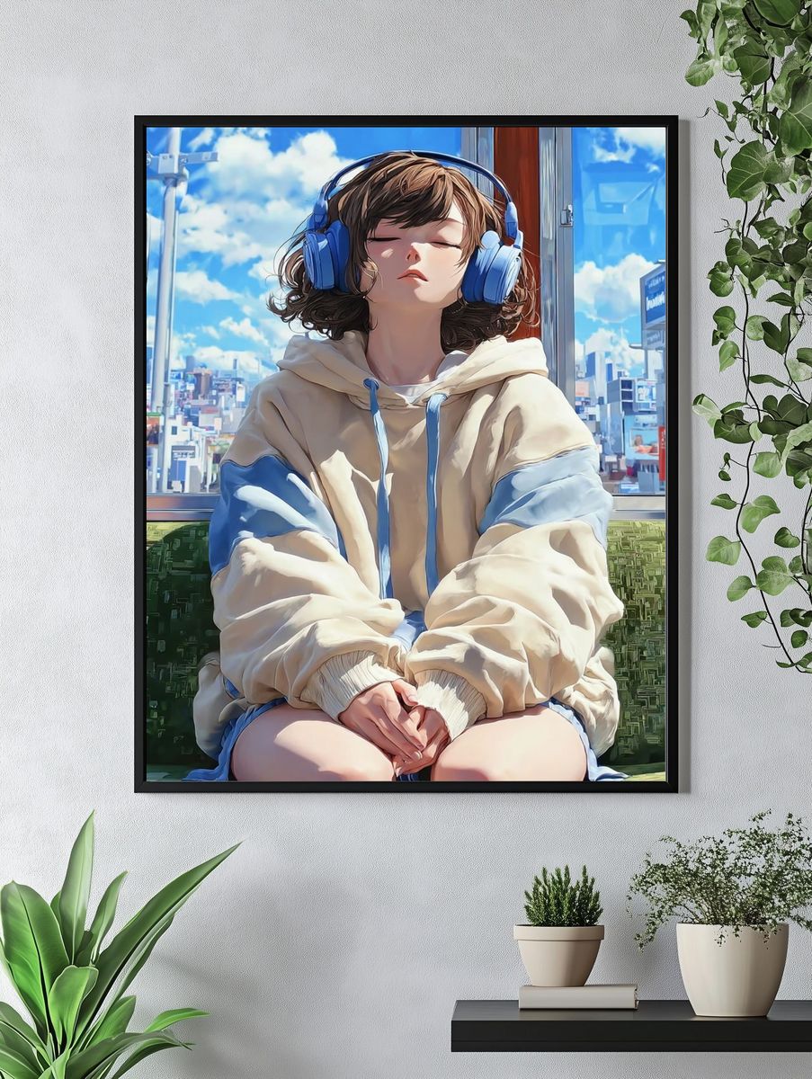 Girl with Headphones — Anime Print. — room view 4