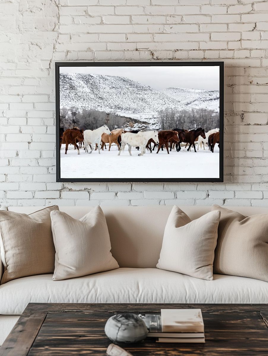 Wild Horses in Snow Landscape Poster. — room view 1