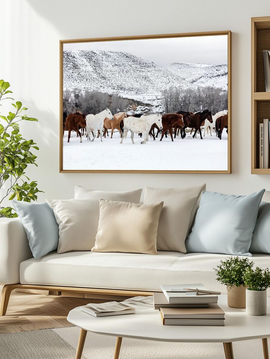Wild Horses in Snow Landscape Poster. — room view 2