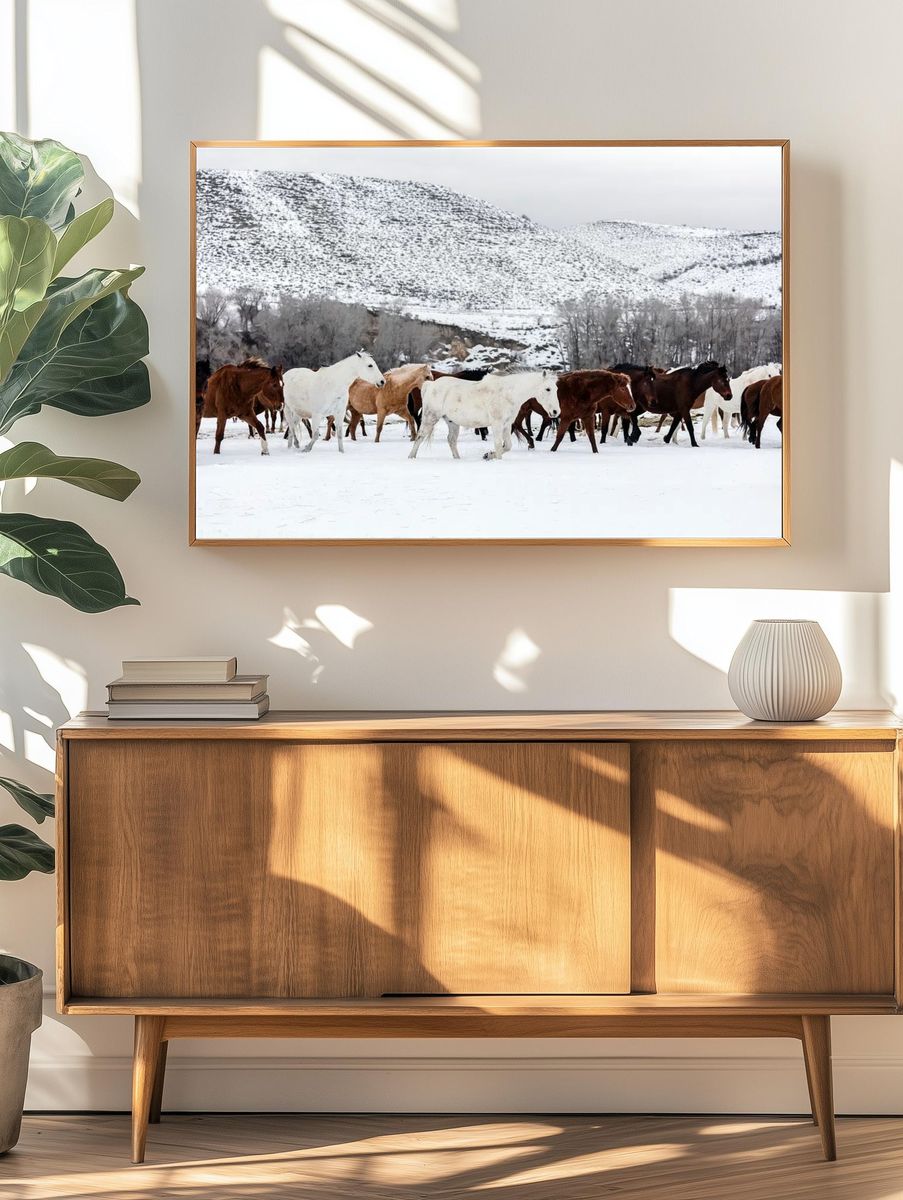Wild Horses in Snow Landscape Poster. — room view 3