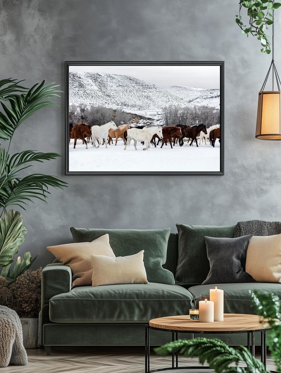 Wild Horses in Snow Landscape Poster. — room view 4