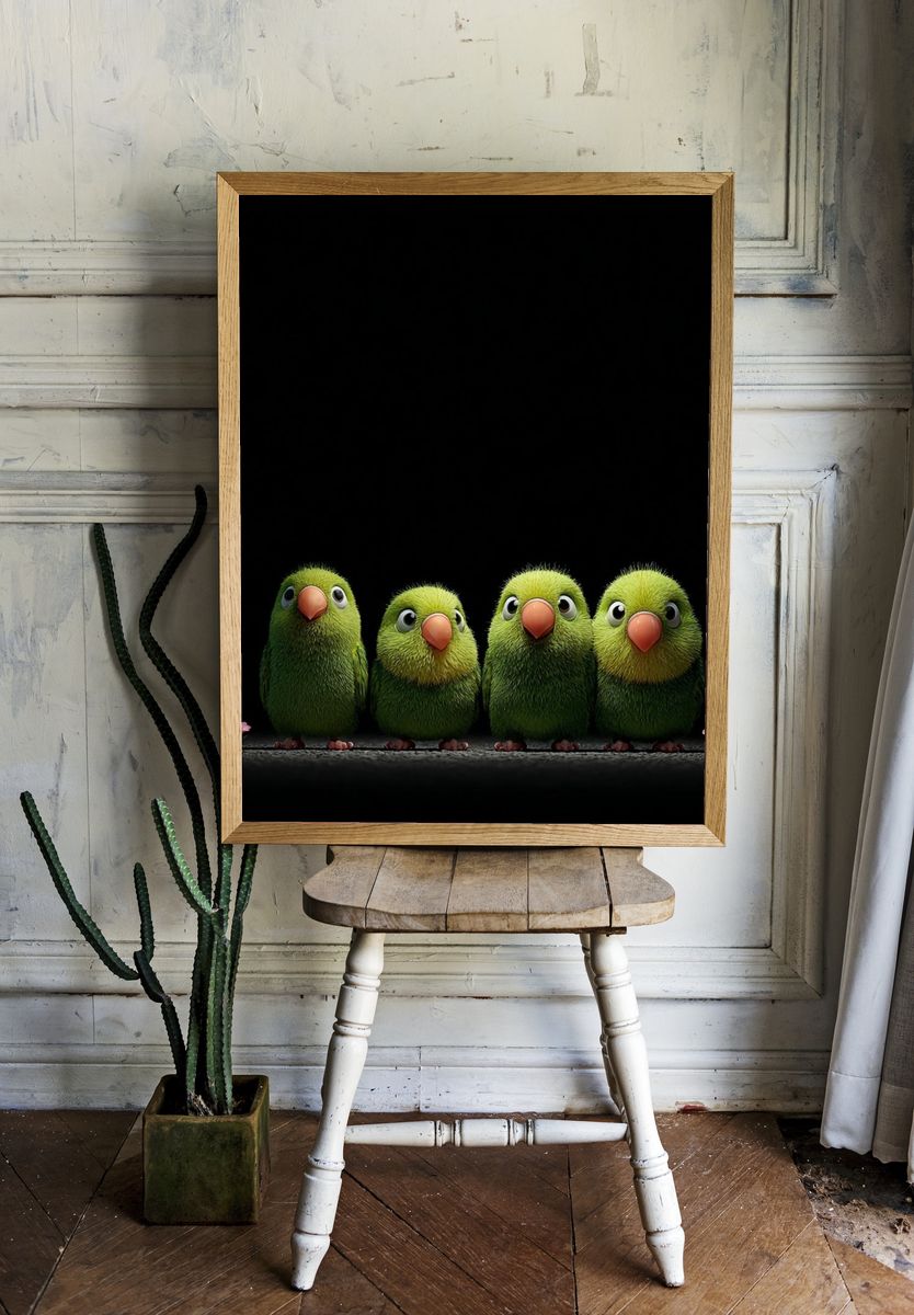 Cute Green Parrots — Cartoon Print. — room view 1