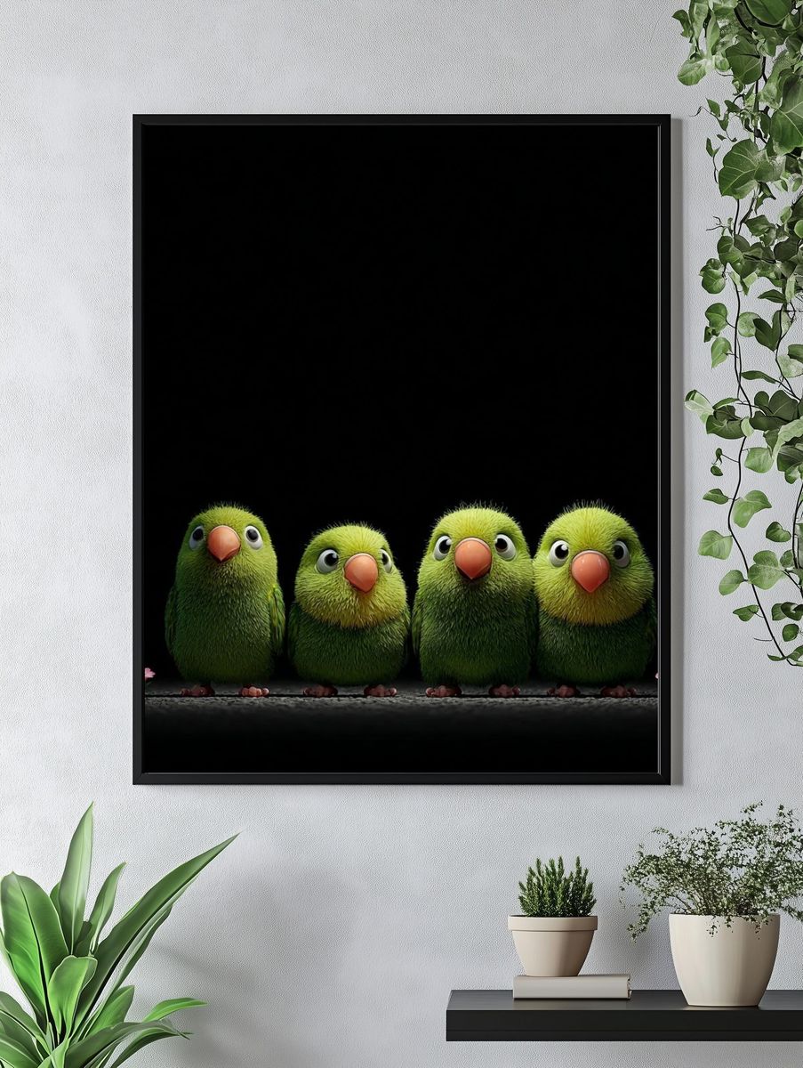 Cute Green Parrots — Cartoon Print. — room view 4