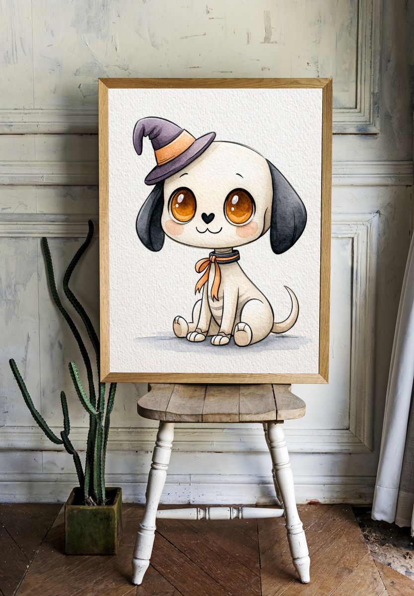 Halloween Puppy Watercolor Poster. room preview