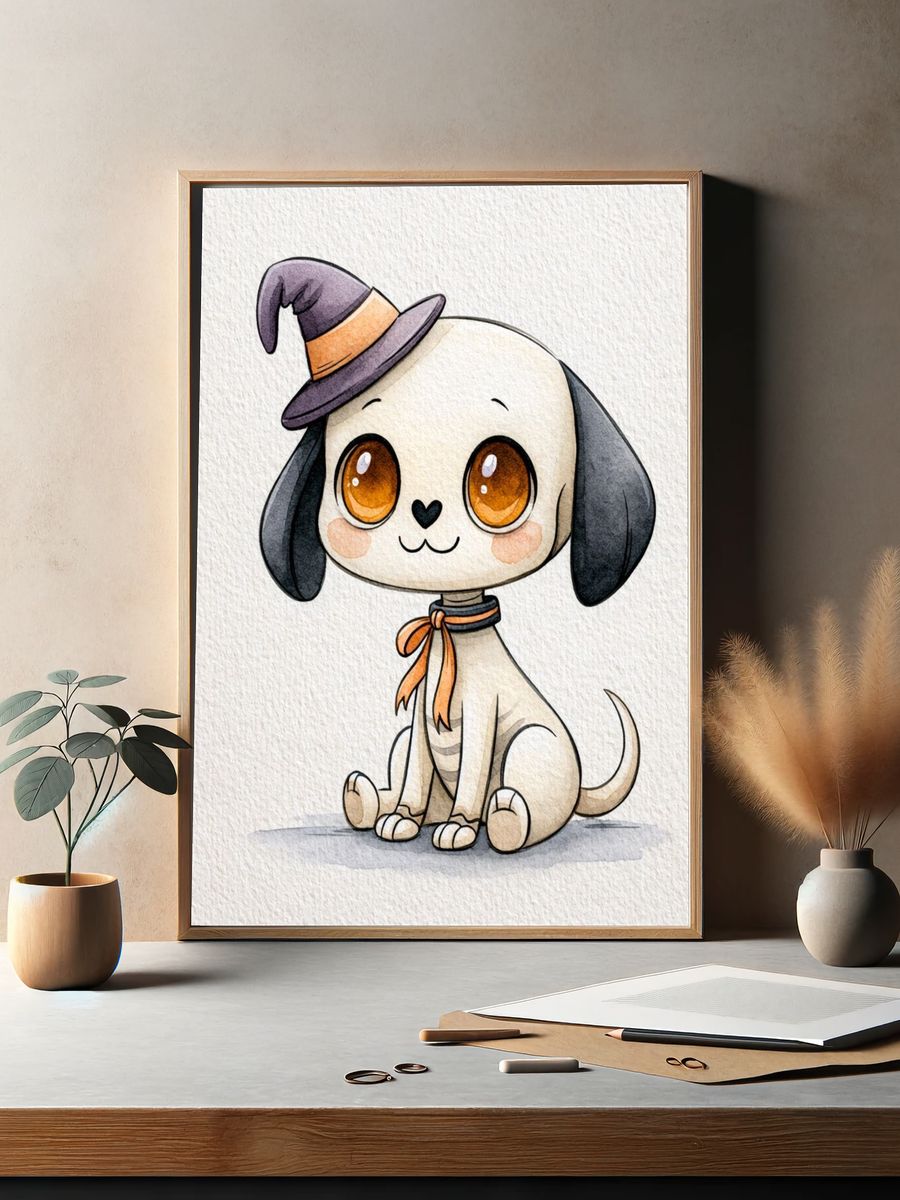 Halloween Puppy Watercolor Poster. — room view 2