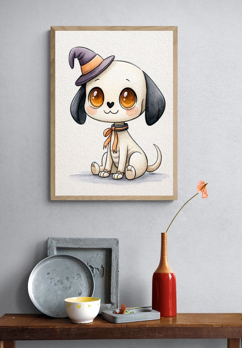 Halloween Puppy Watercolor Poster. — room view 3