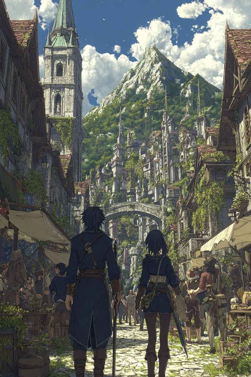Adventurers in a Fantasy Village — Anime Print. poster detail
