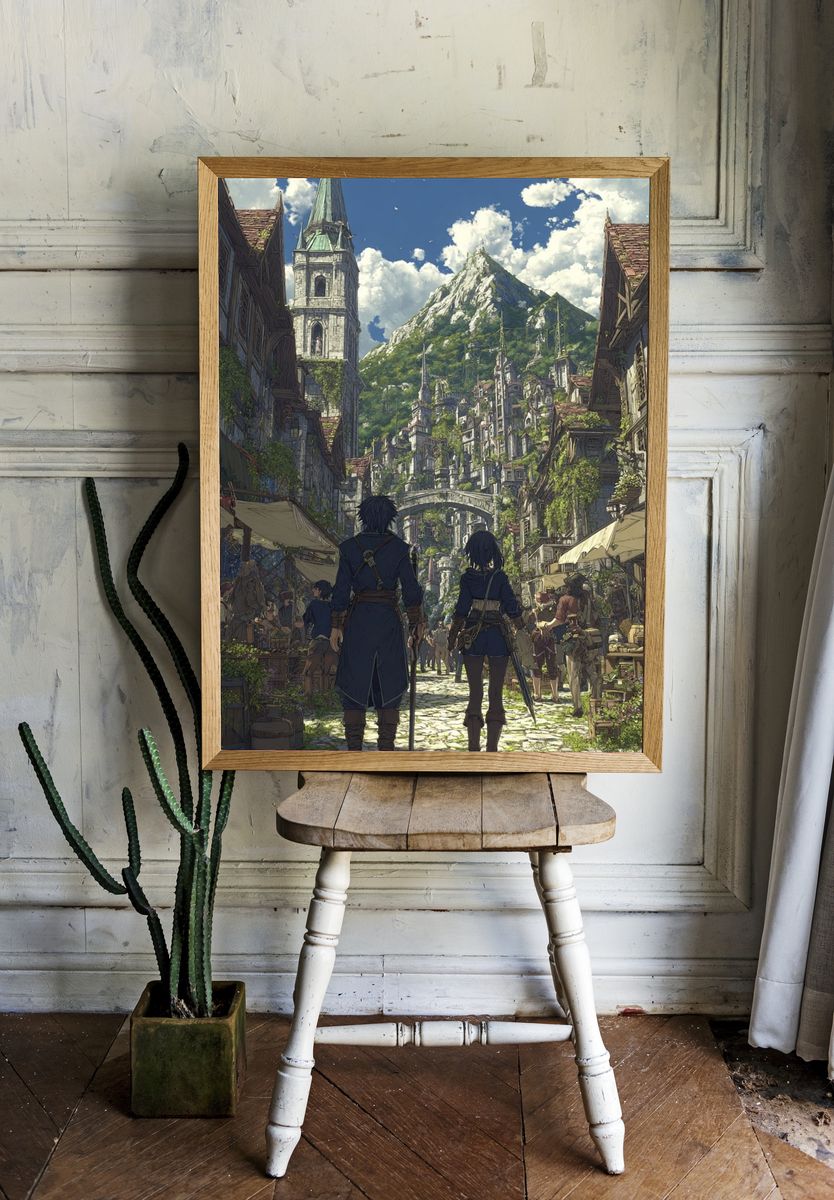 Adventurers in a Fantasy Village — Anime Print. — room view 1