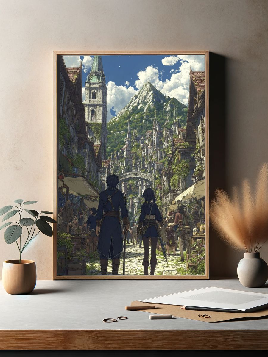 Adventurers in a Fantasy Village — Anime Print. — room view 2