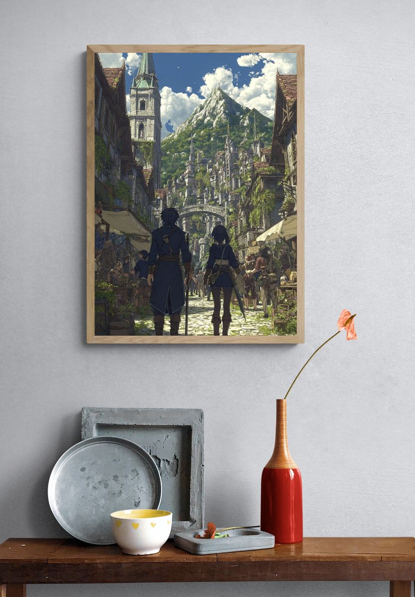 Adventurers in a Fantasy Village — Anime Print. — room view 3