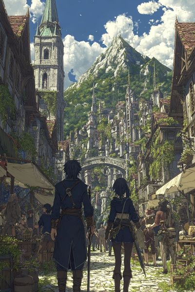 Adventurers in a Fantasy Village — Anime Print.