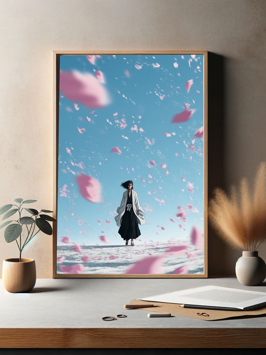 Anime Character in Cherry Blossom Wind — Art Print. — room view 2