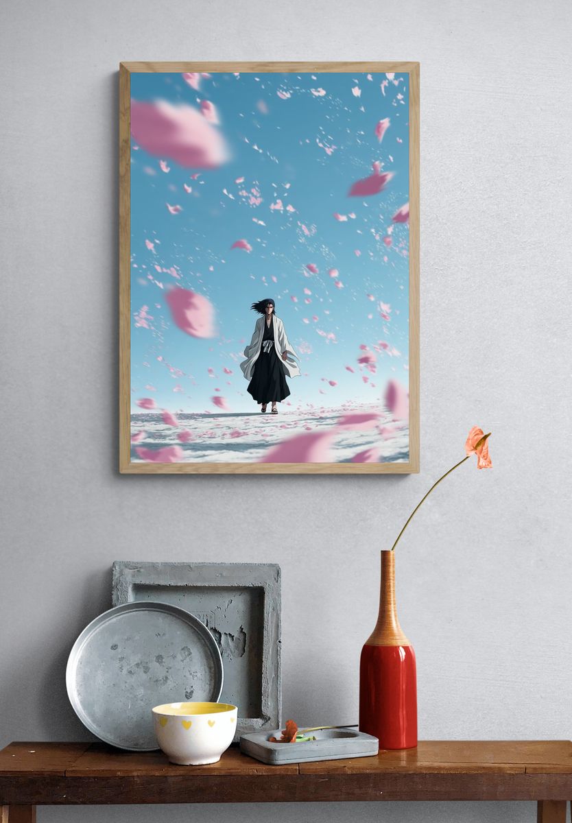 Anime Character in Cherry Blossom Wind — Art Print. — room view 3