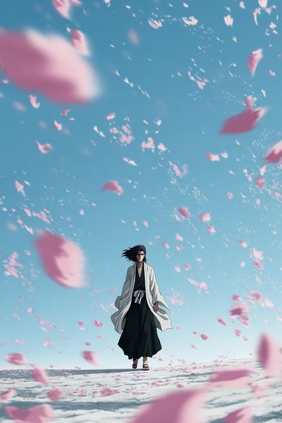 Anime Character in Cherry Blossom Wind — Art Print.