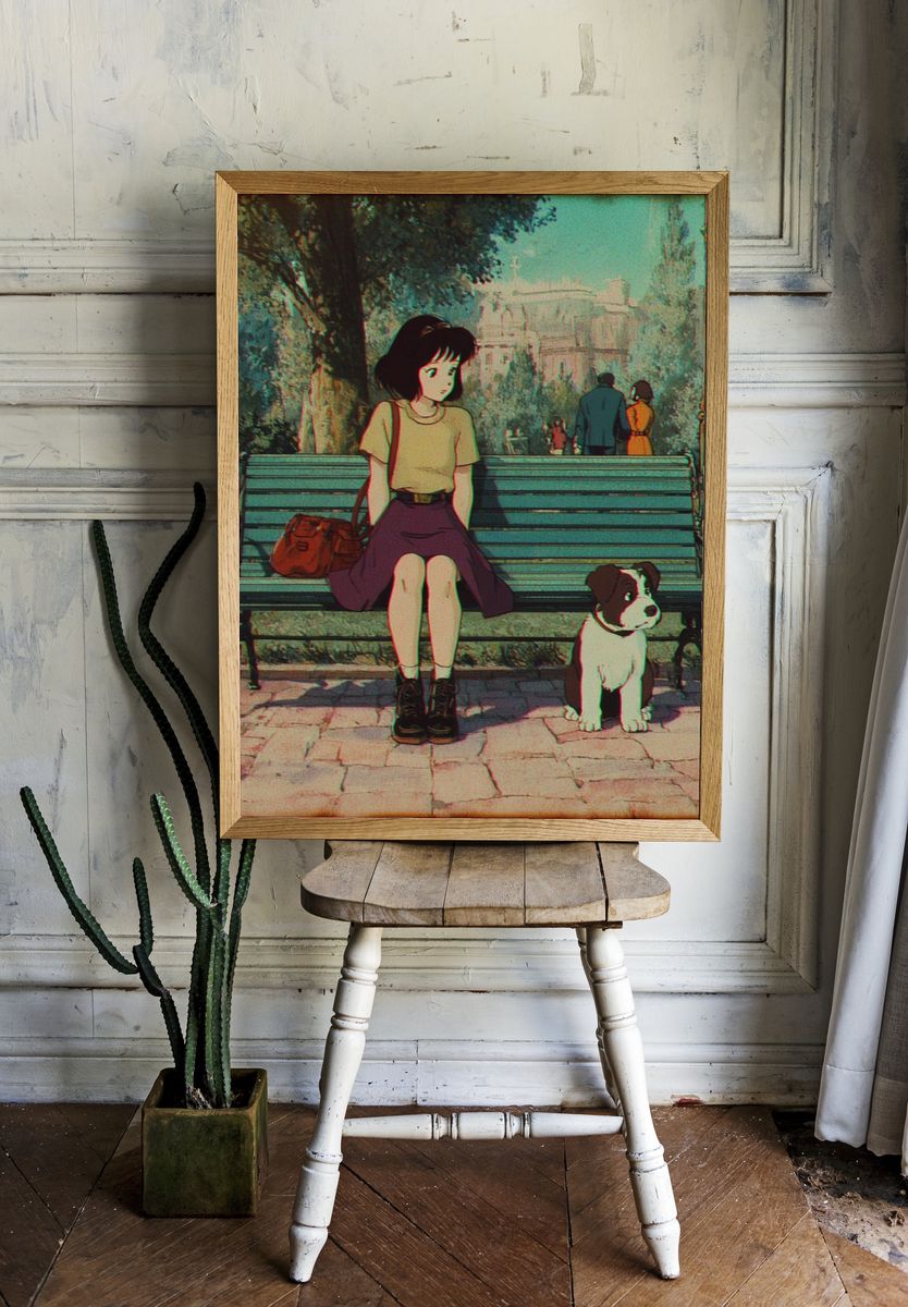 Girl and Dog in Park — Anime Print. room preview