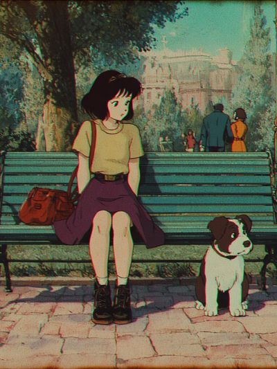 Girl and Dog in Park — Anime Print.