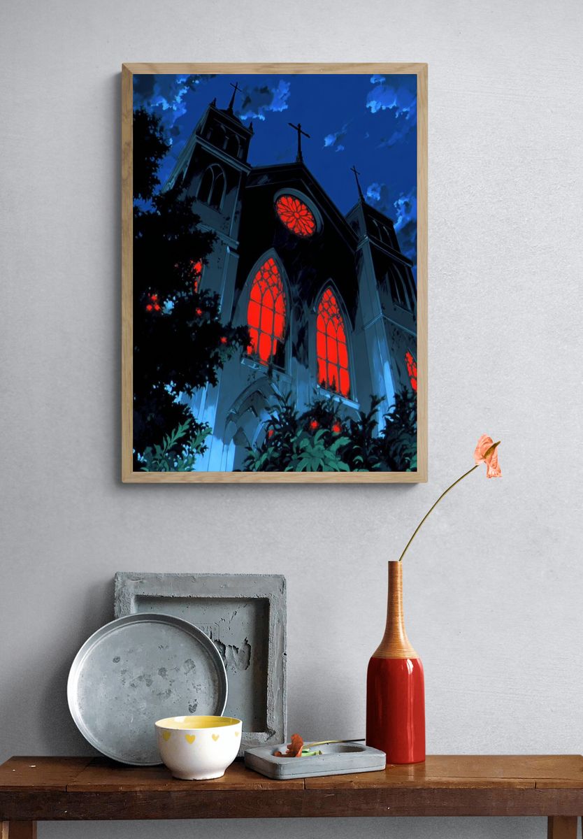 Gothic Church at Night — Anime Print. — room view 3