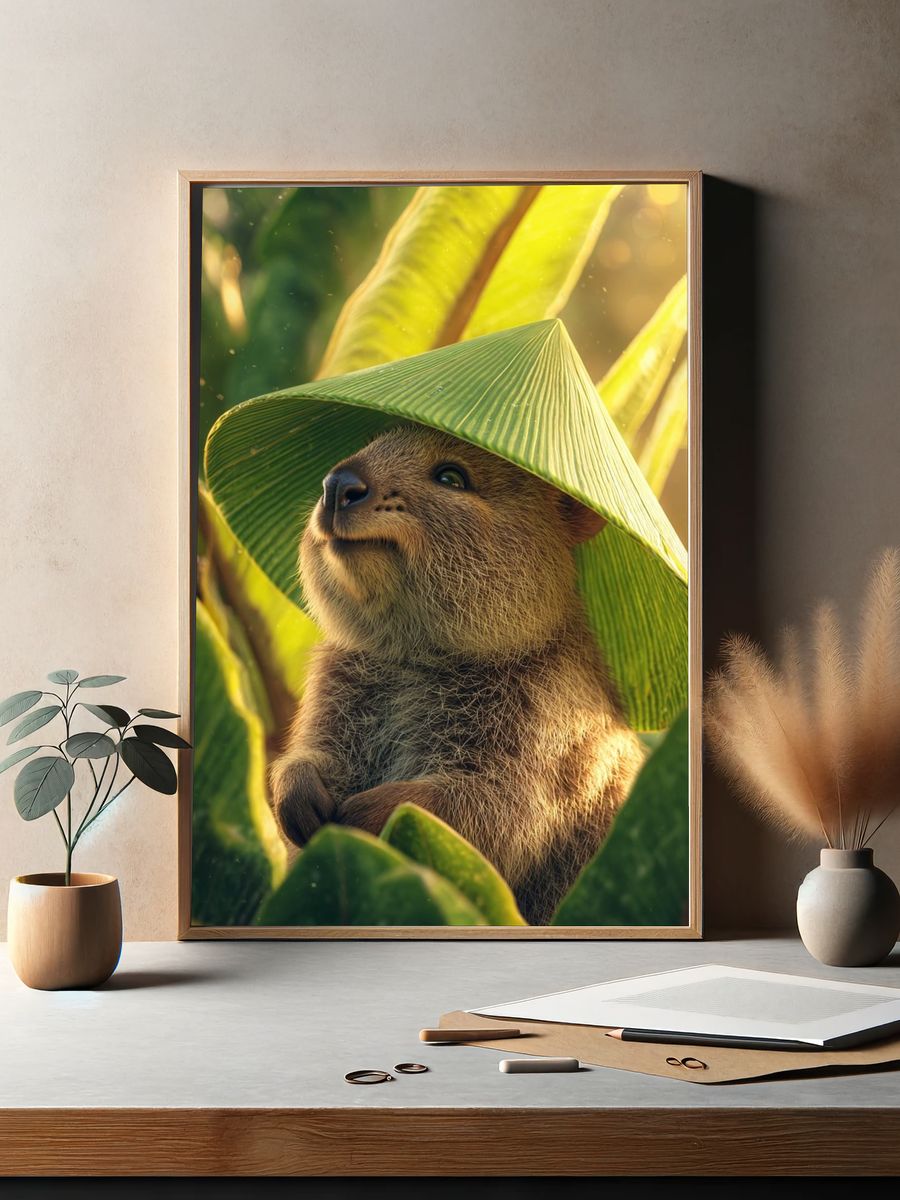 Quokka in Leaf Hat — Animal Photography Print. — room view 2