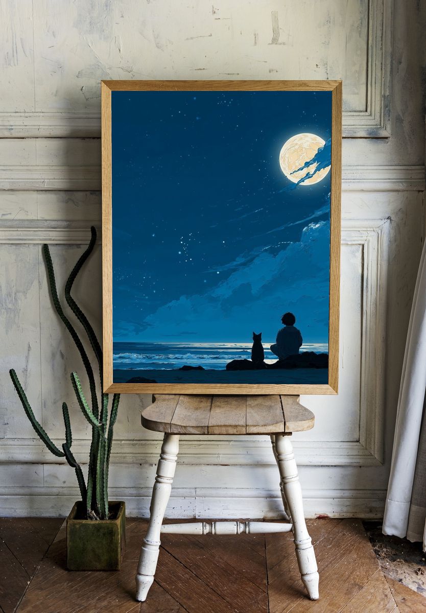 Boy and Dog Under the Moon — Anime Print room preview