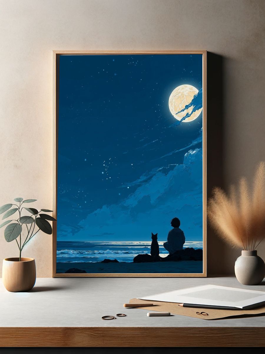 Boy and Dog Under the Moon — Anime Print. — room view 2