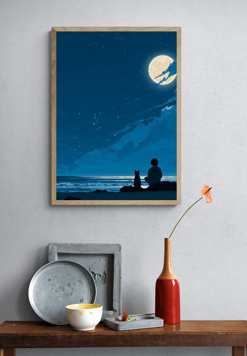 Boy and Dog Under the Moon — Anime Print. — room view 3